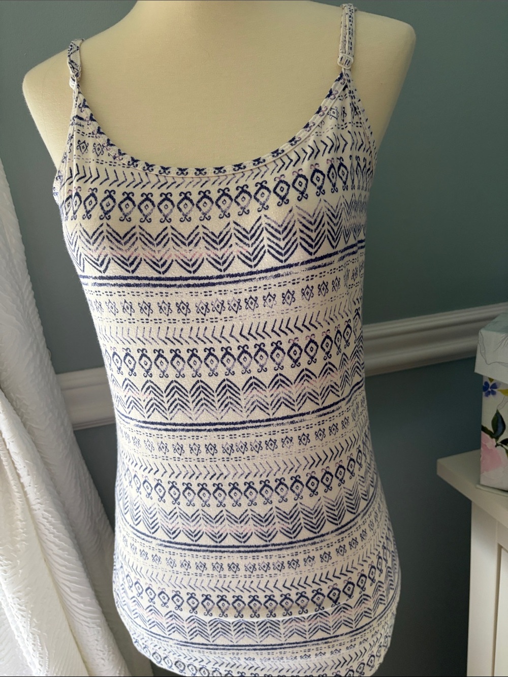 White Tank Top with Navy Aztec Print